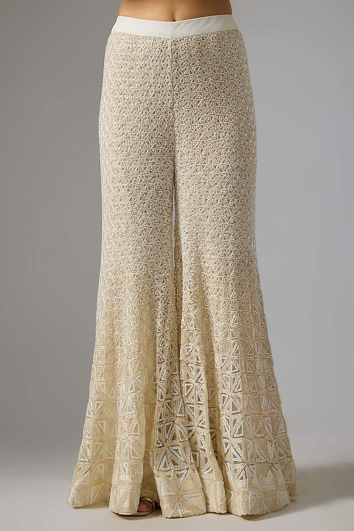 Ivory Double Georgette Linear Artwork Bridal Sharara Set by Ritika Mirchandani at Pernia's Pop Up Shop