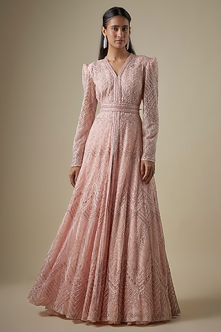 Rose Pink Net Thread Embroidered Anarkali Set by Ritika Mirchandani