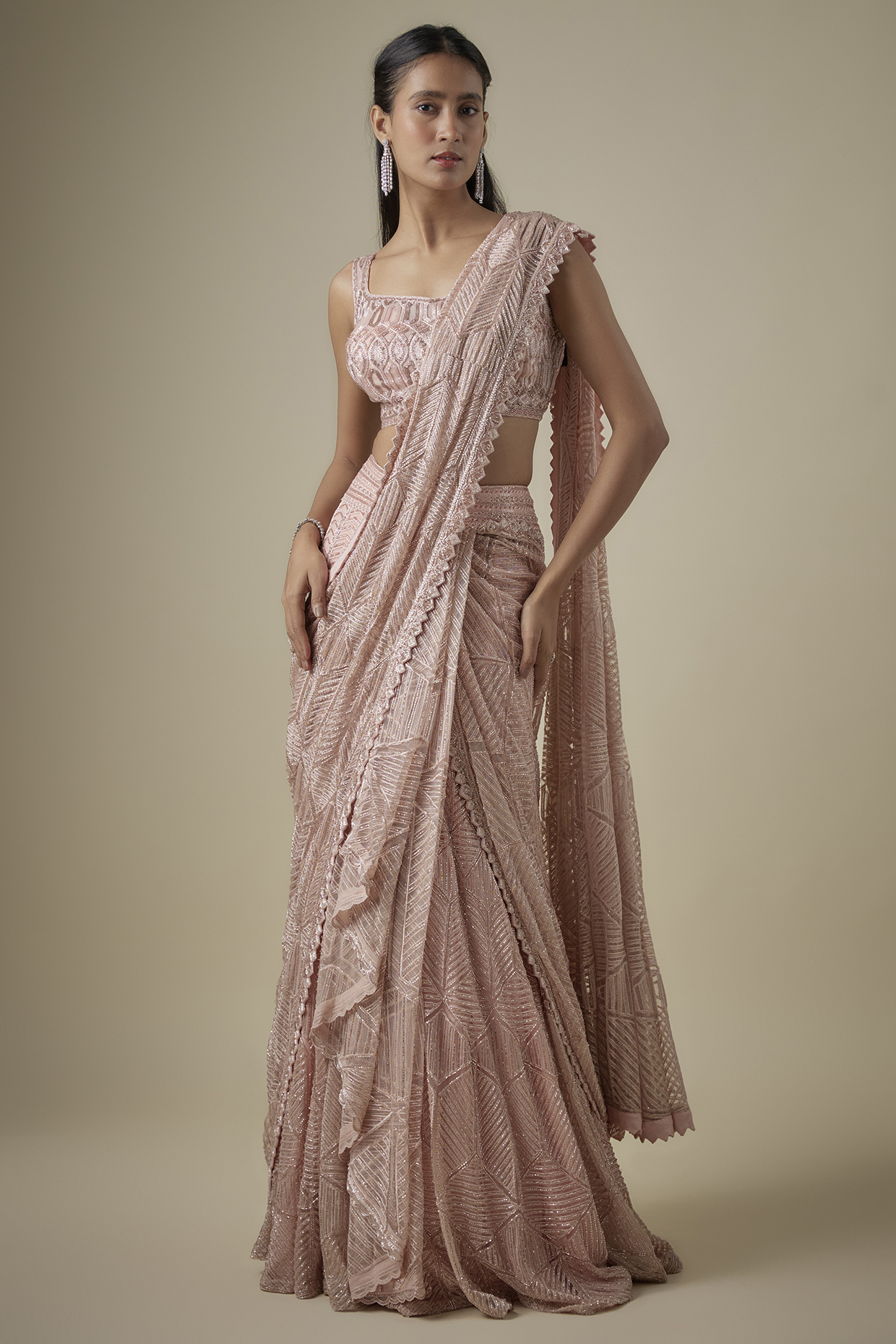 Rose Pink Net & Double Georgette Embroidered Bridal Lehenga Saree Set by Ritika Mirchandani at Pernia's Pop Up Shop