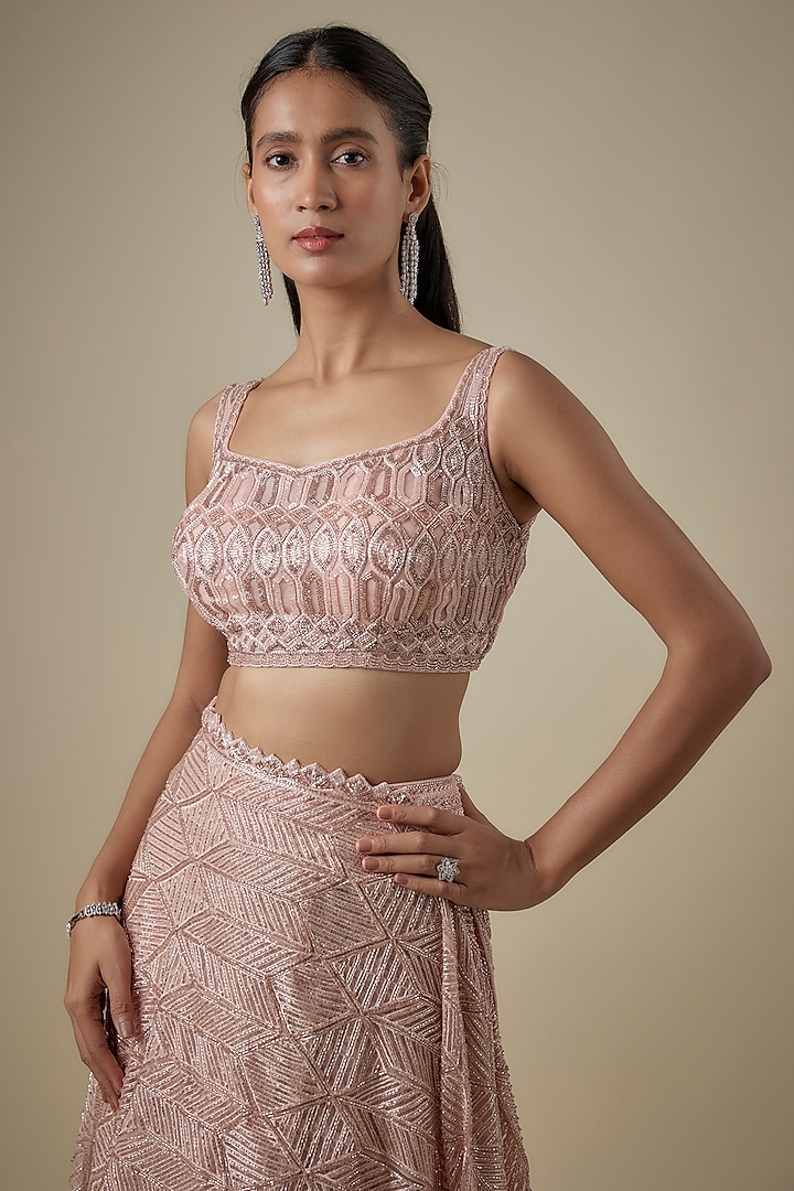 Rose Pink Net & Double Georgette Embroidered Bridal Lehenga Saree Set by Ritika Mirchandani at Pernia's Pop Up Shop