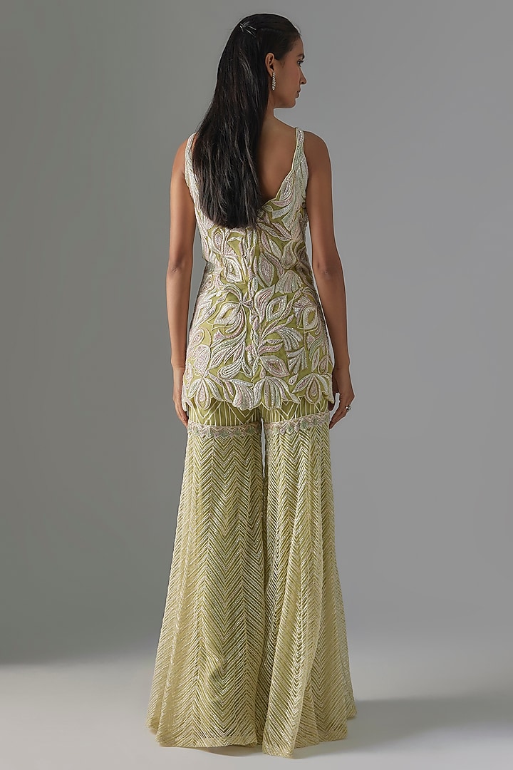 Jade Green Net & Double Georgette Hand Embroidered Bridal Sharara Set by Ritika Mirchandani at Pernia's Pop Up Shop