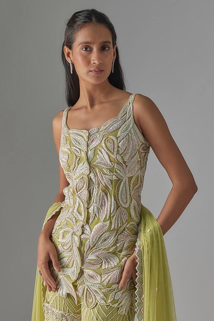 Jade Green Net & Double Georgette Hand Embroidered Bridal Sharara Set by Ritika Mirchandani at Pernia's Pop Up Shop