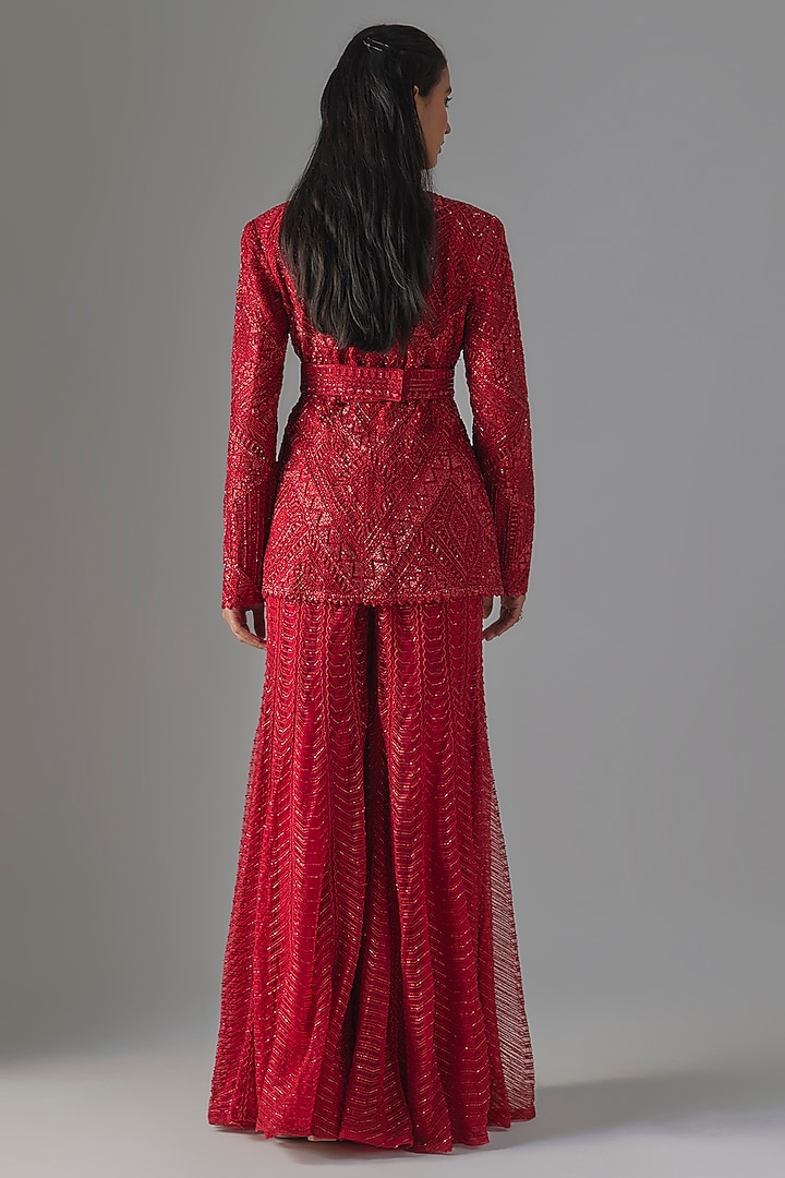 Red Net & Double Georgette Crystal Bugle Embroidered Bridal Sharara Set by Ritika Mirchandani at Pernia's Pop Up Shop