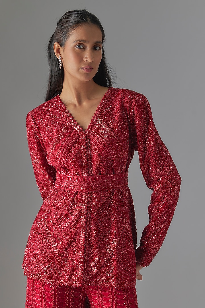 Red Net & Double Georgette Crystal Bugle Embroidered Bridal Sharara Set by Ritika Mirchandani at Pernia's Pop Up Shop
