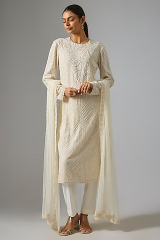 Ivory Crepe & Double Georgette Kurta Set by Ritika Mirchandani