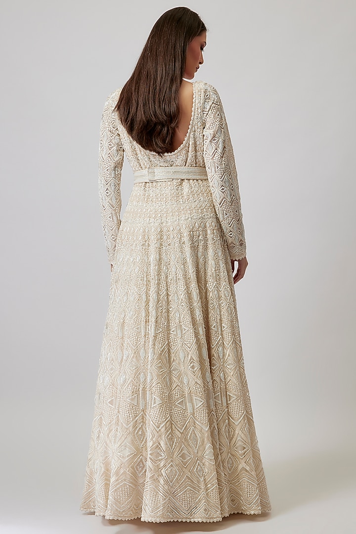 White Double Georgette Beads Embroidered Bridal Anarkali Set by Ritika Mirchandani at Pernia's Pop Up Shop