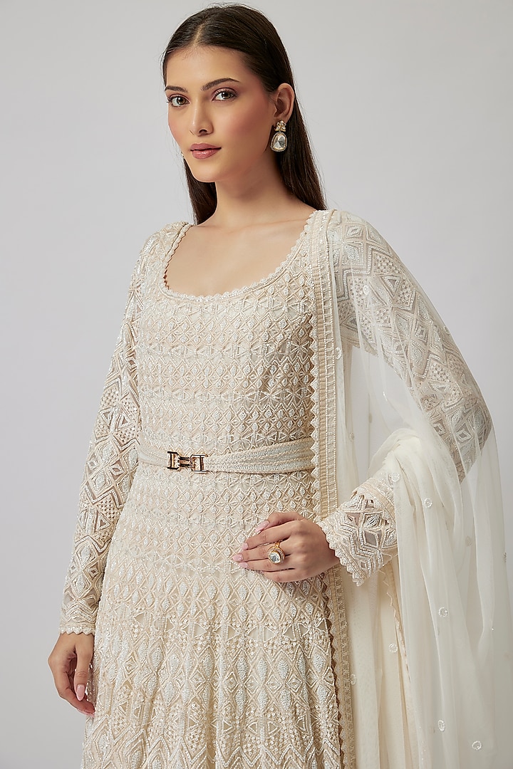 White Double Georgette Beads Embroidered Bridal Anarkali Set by Ritika Mirchandani at Pernia's Pop Up Shop