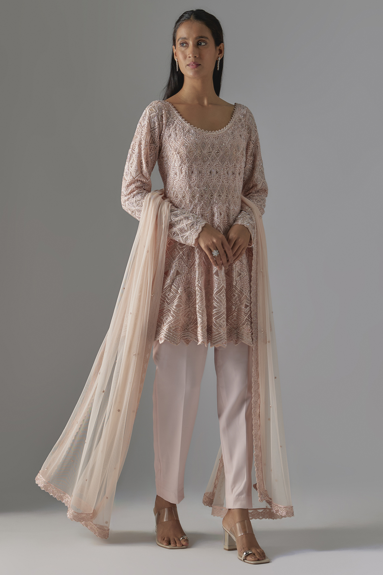 Blush Pink Crepe & Net Bridal Anarkali Set by Ritika Mirchandani at Pernia's Pop Up Shop
