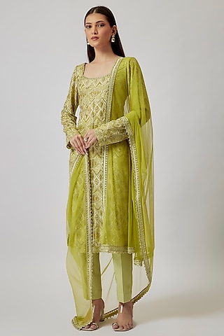 Lime Double Georgette Beads Embroidered Kurta Set by Ritika Mirchandani