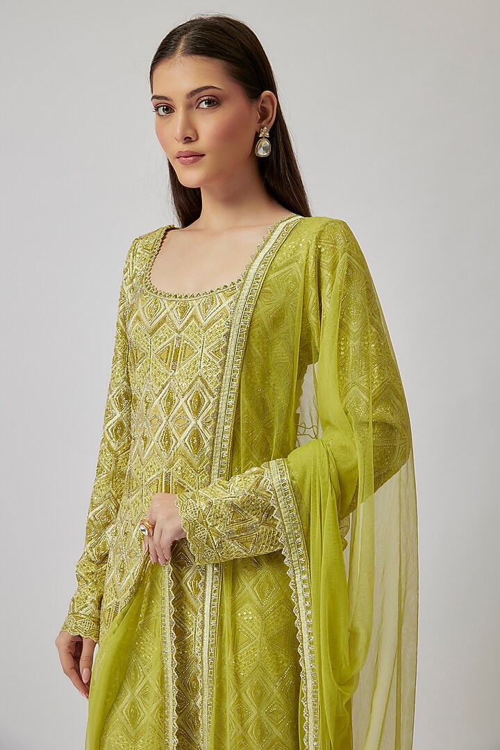 Lime Double Georgette Beads Embroidered Kurta Set by Ritika Mirchandani at Pernia's Pop Up Shop