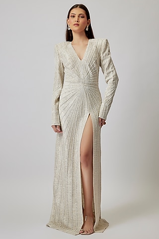 Ivory Double Georgette Beads Embroidered Gown by Ritika Mirchandani