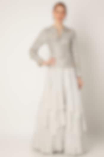 Grey Embroidered Jacket With Tiered Skirt by Ritika Mirchandani