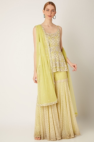Lime Green Embroidered Sharara Set by Ritika Mirchandani