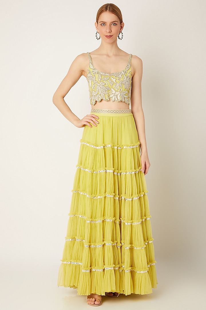 Lime Green Embroidered Crop Top With Tiered Skirt by Ritika Mirchandani