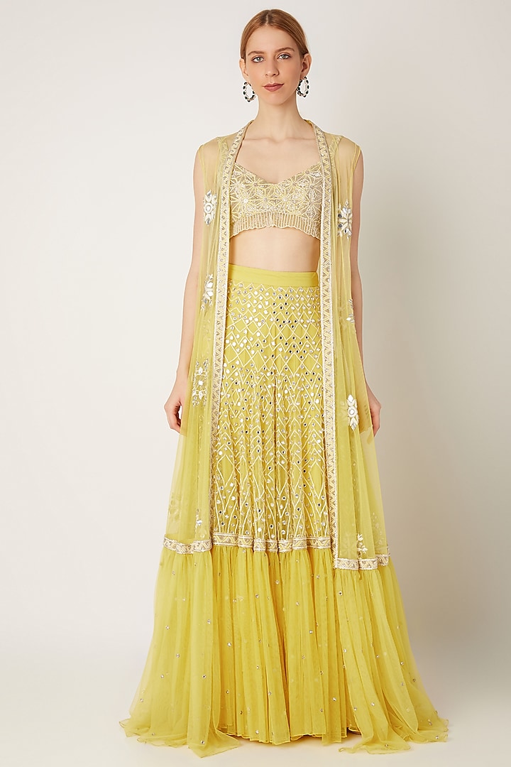 Lime Yellow Embroidered Jacket With Blouse & Skirt by Ritika Mirchandani