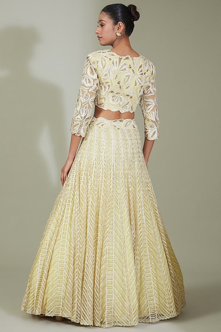 Pastel Yellow Crepe Silk & Net Embroidered Bridal Lehenga Set by Ritika Mirchandani at Pernia's Pop Up Shop