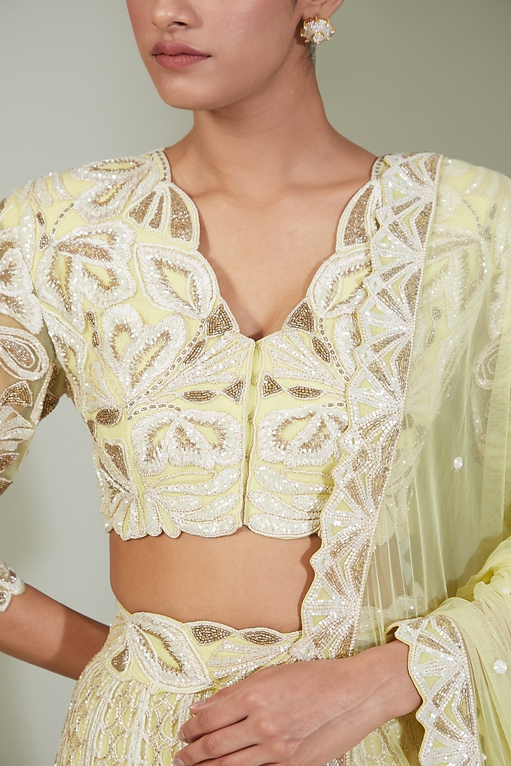 Pastel Yellow Crepe Silk & Net Embroidered Bridal Lehenga Set by Ritika Mirchandani at Pernia's Pop Up Shop