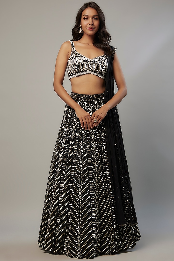 Black Crepe & Double Georgette Cutdana Hand Embroidered Bridal Lehenga Set by Ritika Mirchandani at Pernia's Pop Up Shop