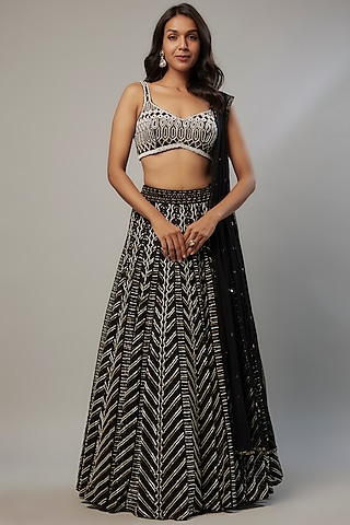 Black Crepe & Double Georgette Cutdana Hand Embroidered Lehenga Set by Ritika Mirchandani