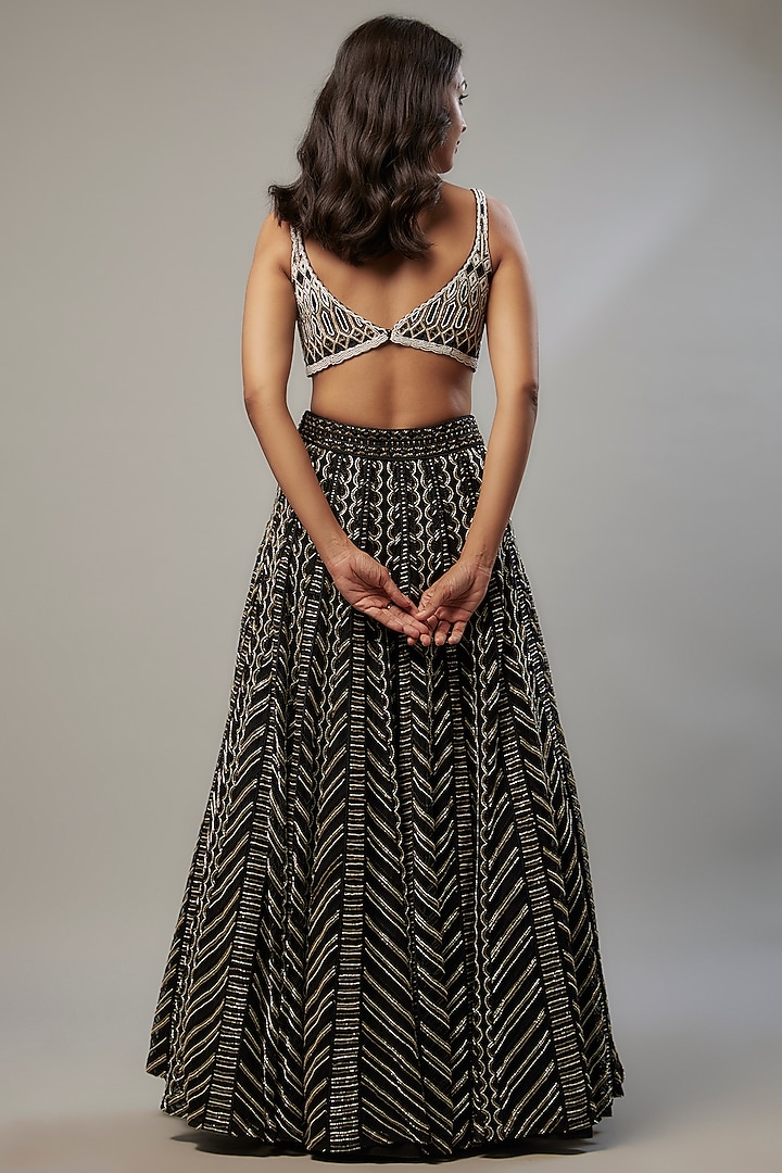 Black Crepe & Double Georgette Cutdana Hand Embroidered Bridal Lehenga Set by Ritika Mirchandani at Pernia's Pop Up Shop