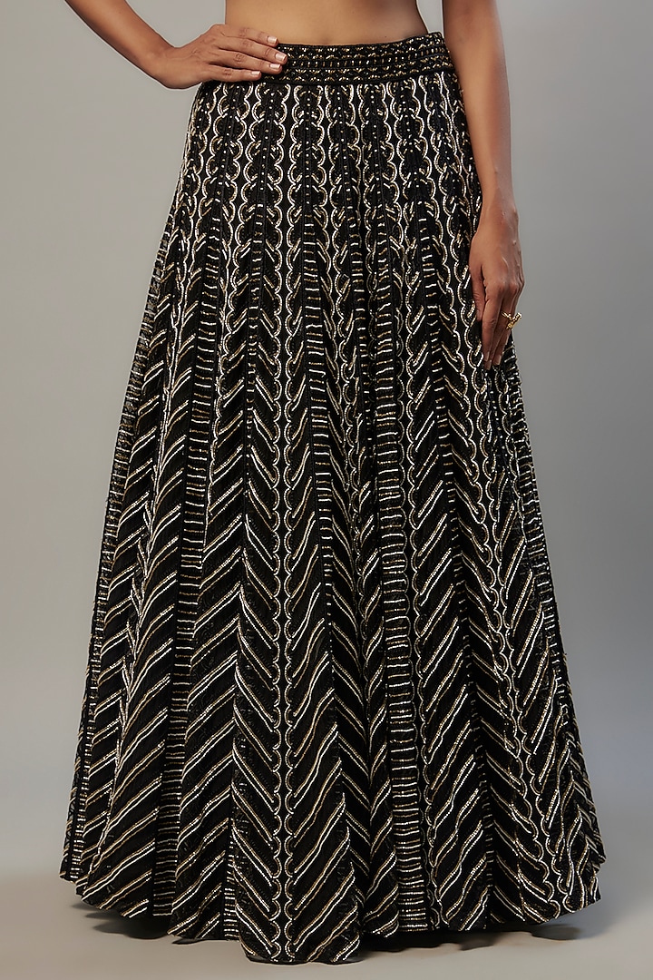 Black Crepe & Double Georgette Cutdana Hand Embroidered Bridal Lehenga Set by Ritika Mirchandani at Pernia's Pop Up Shop