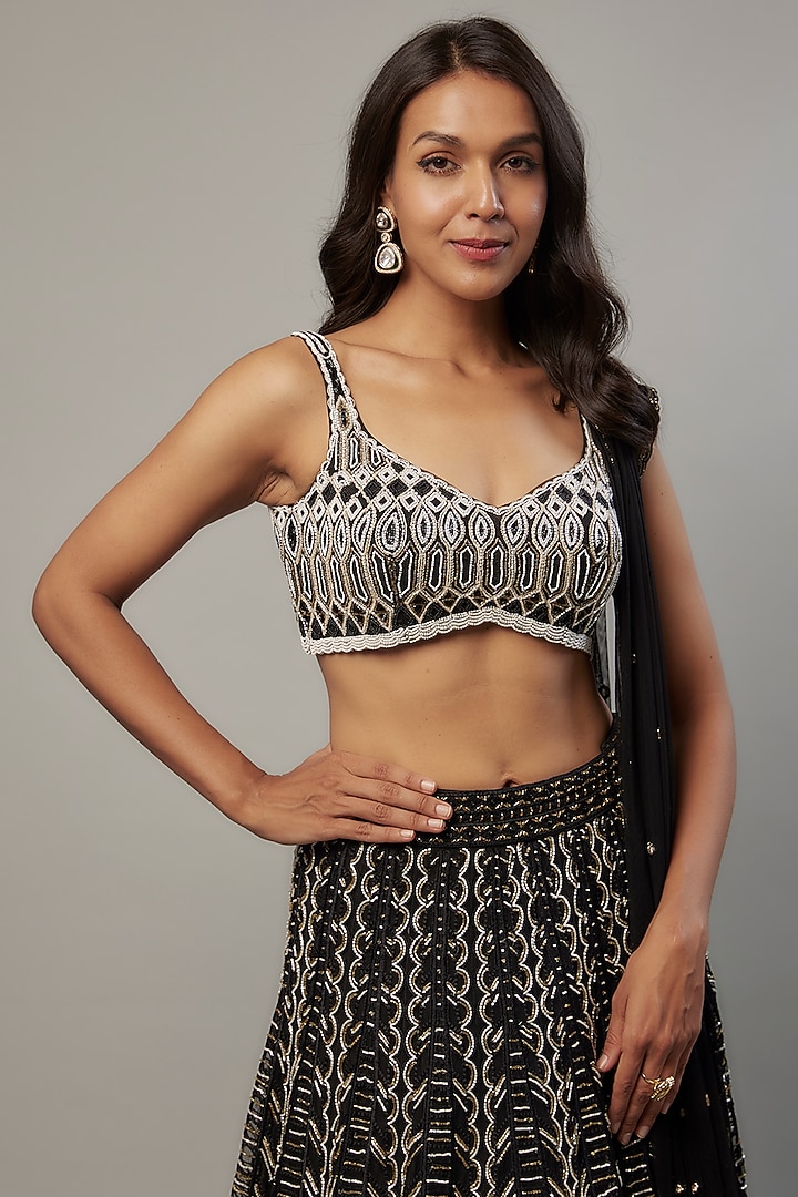 Black Crepe & Double Georgette Cutdana Hand Embroidered Bridal Lehenga Set by Ritika Mirchandani at Pernia's Pop Up Shop