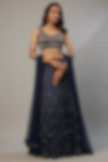 Navy Blue Crepe & Double Georgette Cutdana Hand Embroidered Lehenga Set by Ritika Mirchandani