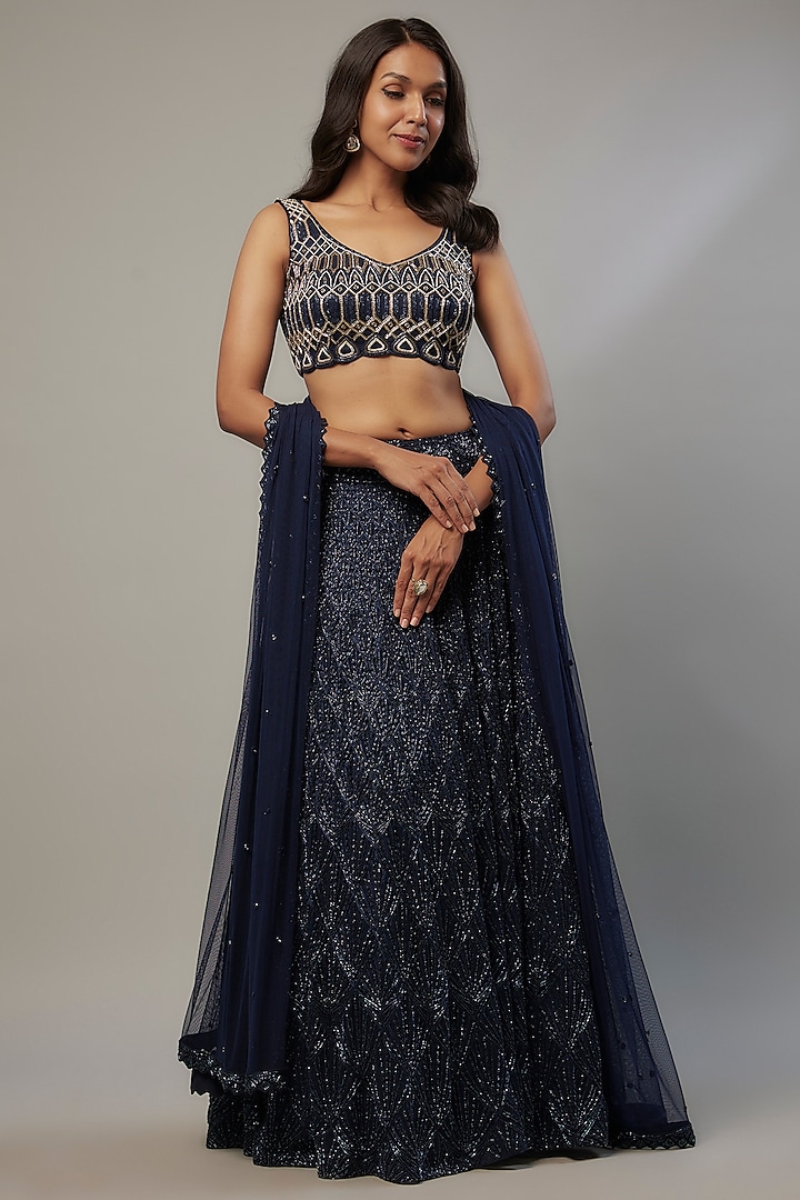 Navy Blue Crepe & Double Georgette Cutdana Hand Embroidered Lehenga Set by Ritika Mirchandani