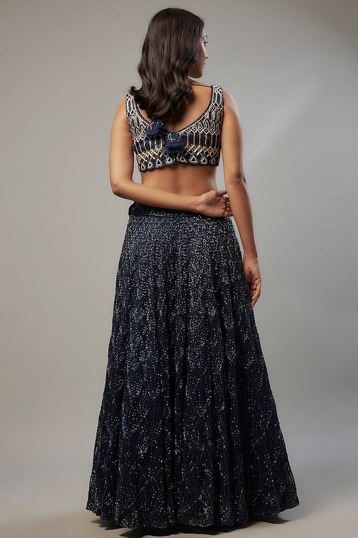 Navy Blue Crepe & Double Georgette Cutdana Hand Embroidered Bridal Lehenga Set by Ritika Mirchandani at Pernia's Pop Up Shop