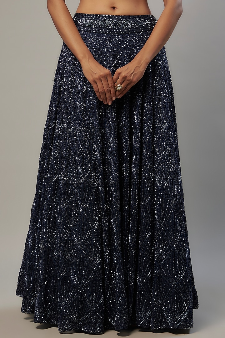 Navy Blue Crepe & Double Georgette Cutdana Hand Embroidered Bridal Lehenga Set by Ritika Mirchandani at Pernia's Pop Up Shop