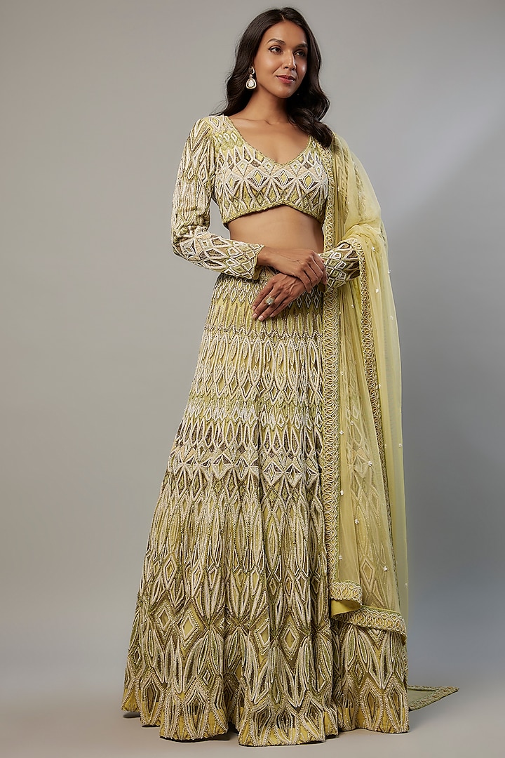 Jade Green Crepe & Double Georgette Cutdana Hand Embroidered Lehenga Set by Ritika Mirchandani