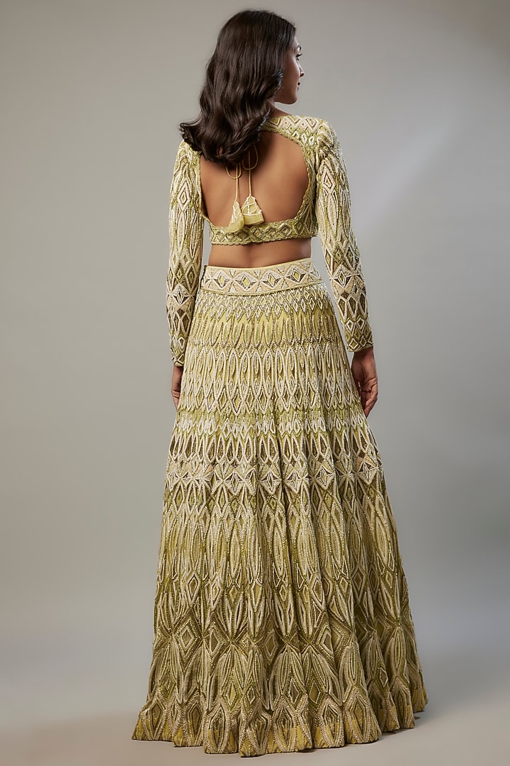 Jade Green Crepe & Double Georgette Cutdana Hand Embroidered Bridal Lehenga Set by Ritika Mirchandani at Pernia's Pop Up Shop