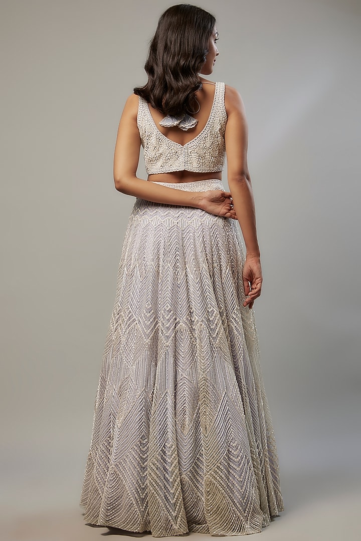 Lavender Blue Crepe & Double Georgette Cutdana Hand Embroidered Bridal Lehenga Set by Ritika Mirchandani at Pernia's Pop Up Shop