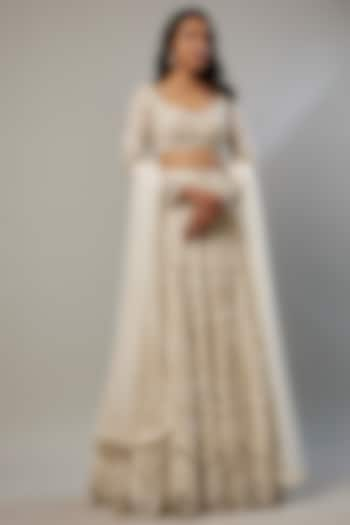 Ivory Crepe & Double Georgette Cutdana Embroidered Bridal Lehenga Set by Ritika Mirchandani at Pernia's Pop Up Shop