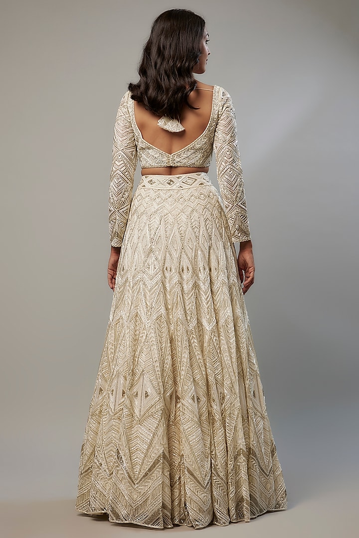 Ivory Crepe & Double Georgette Cutdana Embroidered Bridal Lehenga Set by Ritika Mirchandani at Pernia's Pop Up Shop