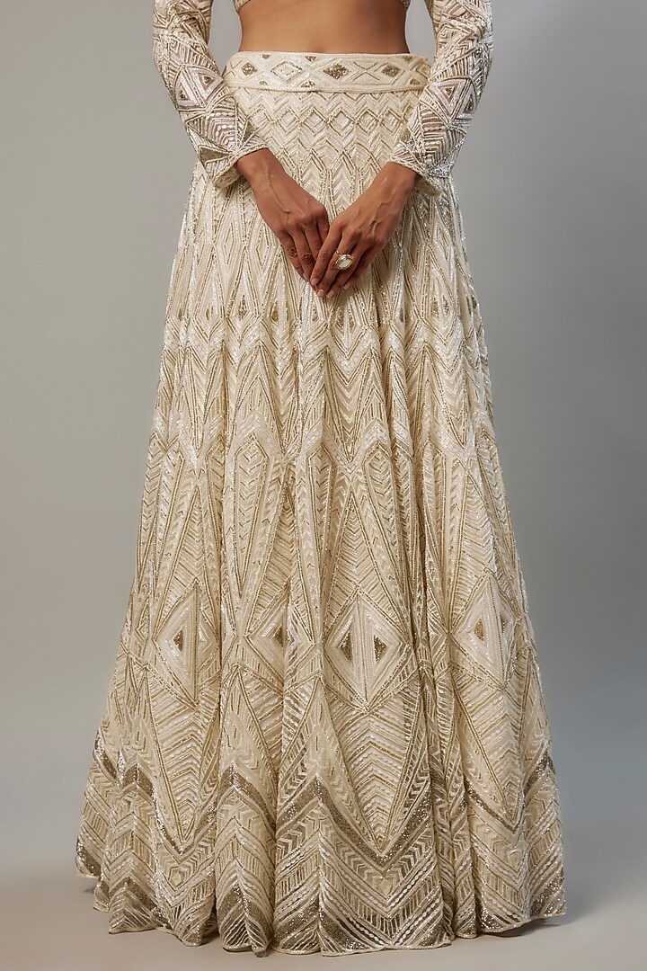 Ivory Crepe & Double Georgette Cutdana Embroidered Bridal Lehenga Set by Ritika Mirchandani at Pernia's Pop Up Shop
