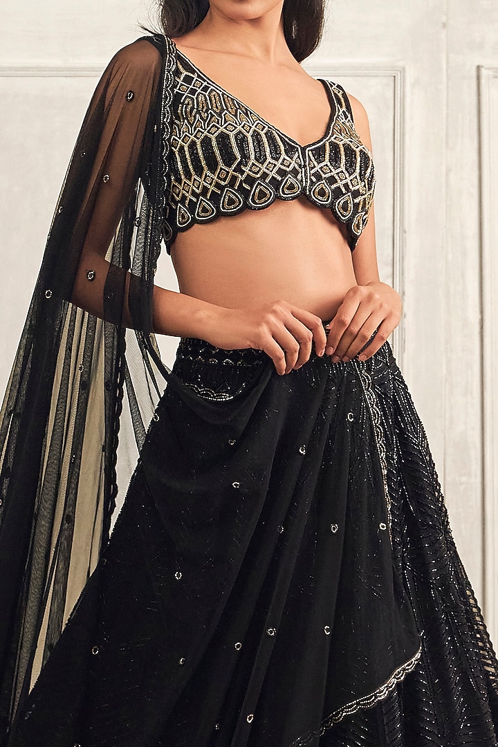 Black Crepe Silk Hand Embroidered Bridal Lehenga Set by Ritika Mirchandani at Pernia's Pop Up Shop