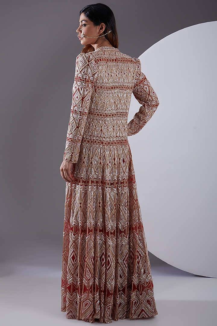 Red & Gold Net Crepe Hand Embroidered Jacket Set by Ritika Mirchandani at Pernia's Pop Up Shop