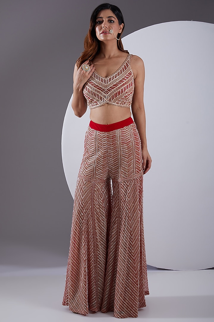 Red & Gold Net Crepe Hand Embroidered Jacket Set by Ritika Mirchandani at Pernia's Pop Up Shop