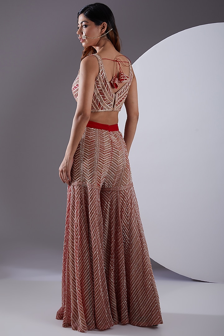Red & Gold Net Crepe Hand Embroidered Jacket Set by Ritika Mirchandani at Pernia's Pop Up Shop