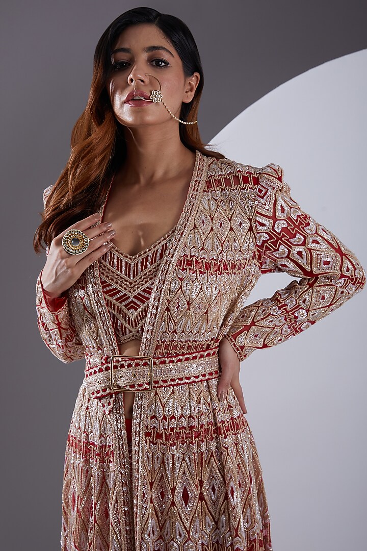 Red & Gold Net Crepe Hand Embroidered Jacket Set by Ritika Mirchandani at Pernia's Pop Up Shop