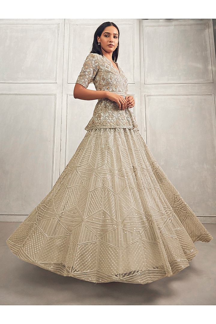 Grey Crepe Silk & Net Embroidered Bridal Lehenga Set by Ritika Mirchandani at Pernia's Pop Up Shop