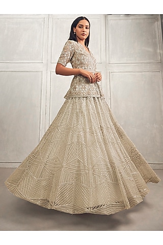 Grey Crepe Silk & Net Embroidered Lehenga Set by Ritika Mirchandani