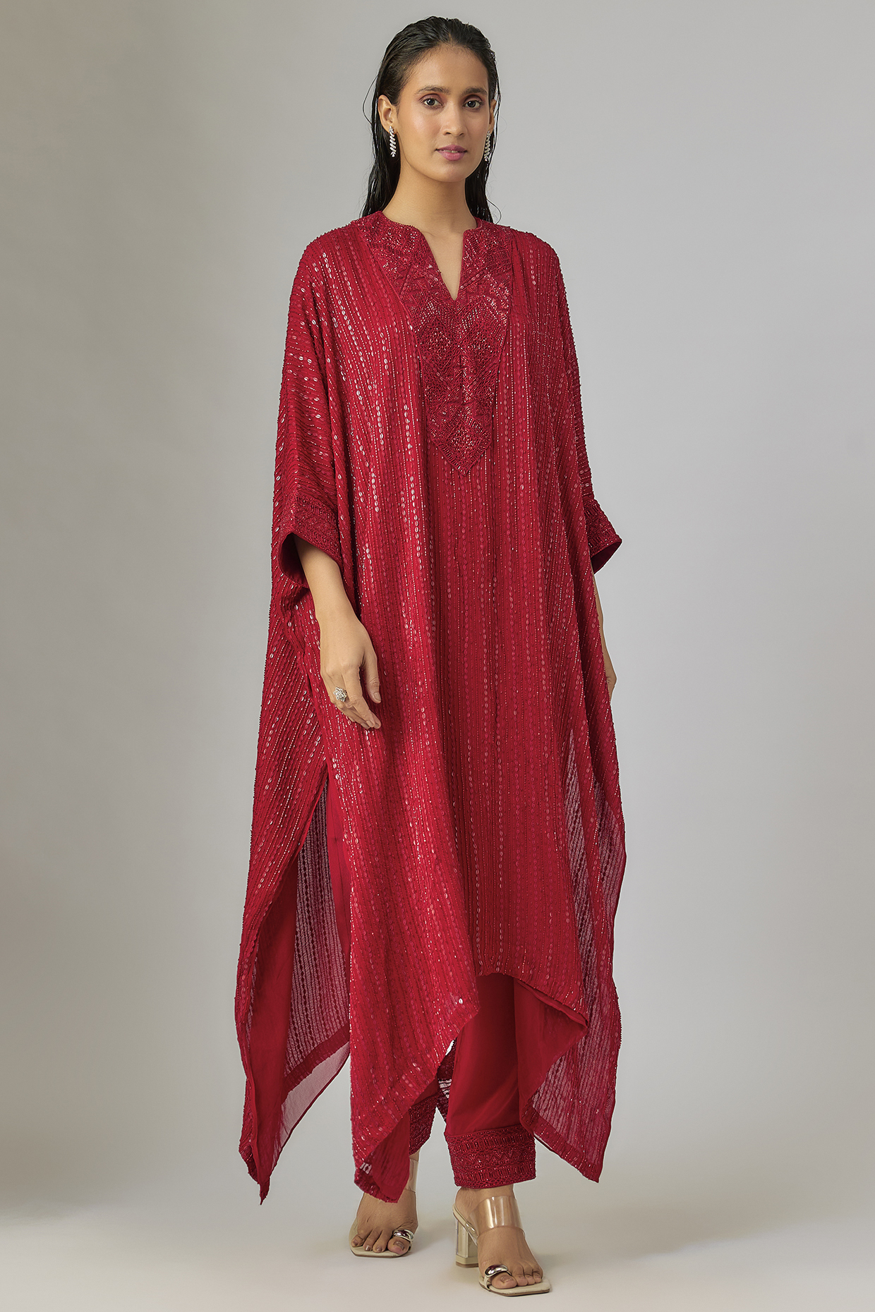 Red Crepe & Double Georgette Thread Embroidered Kaftan Set by Ritika Mirchandani at Pernia's Pop Up Shop