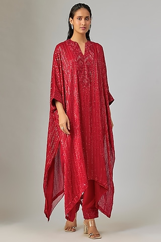 Red Crepe & Double Georgette Thread Embroidered Kaftan Set by Ritika Mirchandani