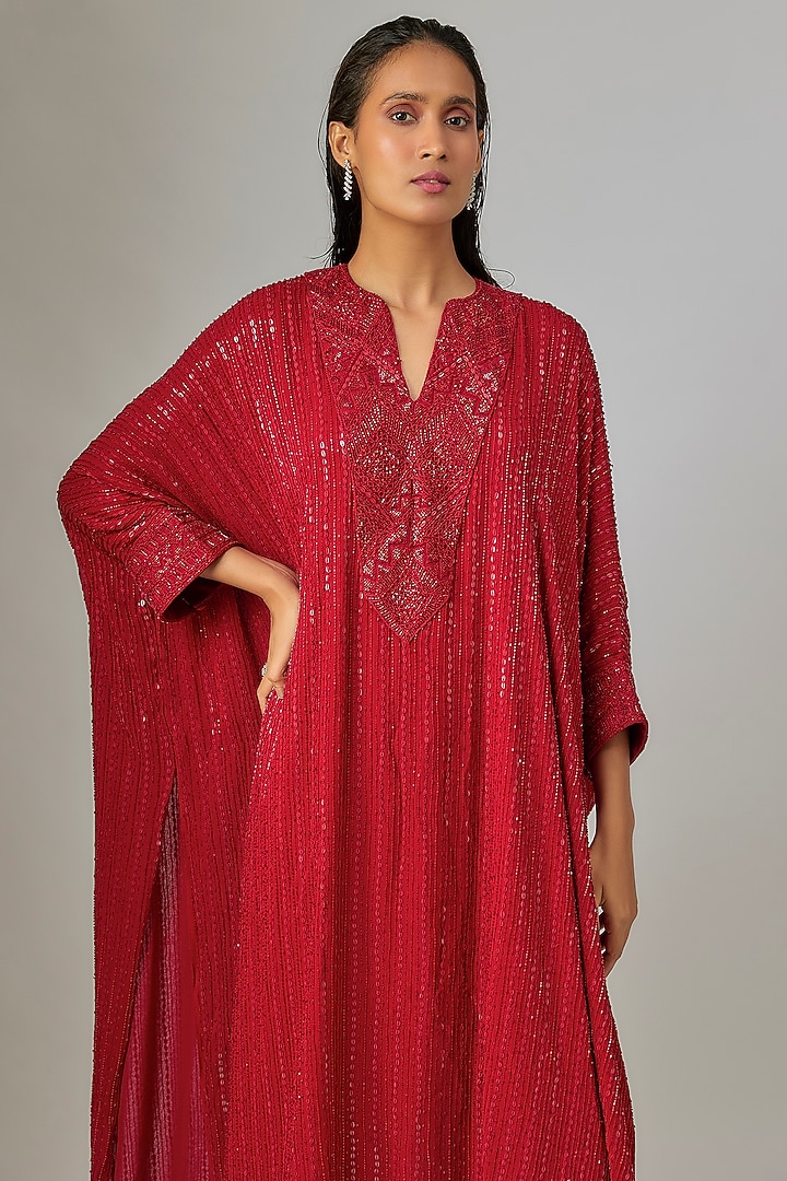 Red Crepe & Double Georgette Thread Embroidered Kaftan Set by Ritika Mirchandani at Pernia's Pop Up Shop