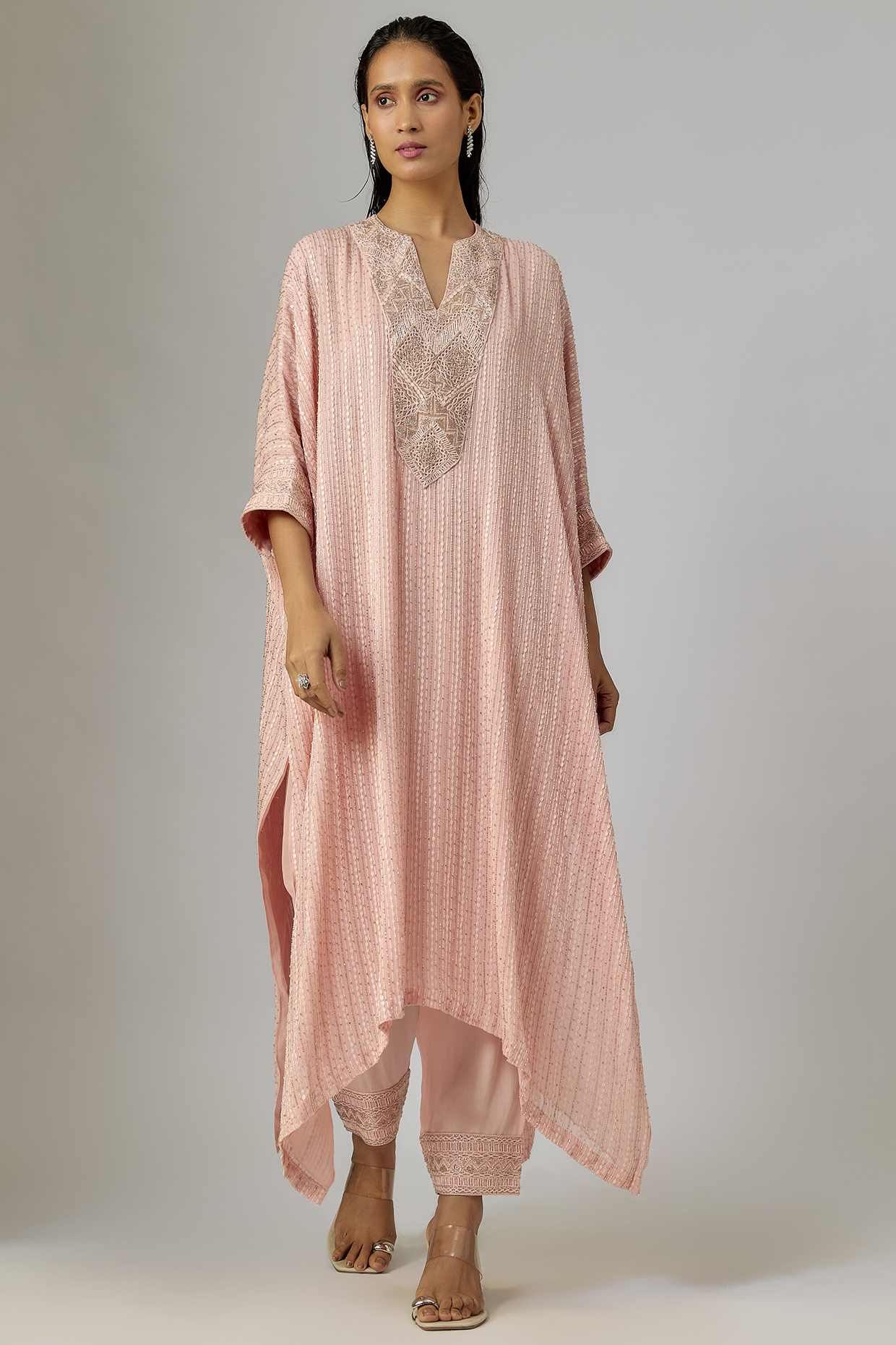 Rose Pink Crepe & Double Georgette Thread Embroidered Kaftan Set by Ritika Mirchandani at Pernia's Pop Up Shop