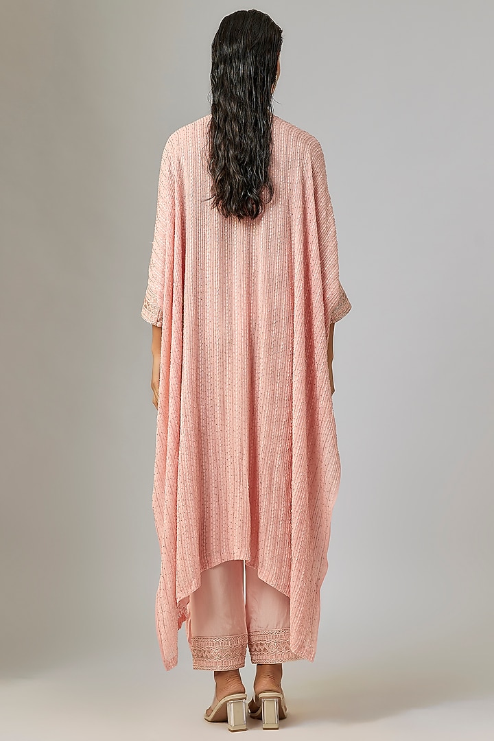 Rose Pink Crepe & Double Georgette Thread Embroidered Kaftan Set by Ritika Mirchandani at Pernia's Pop Up Shop