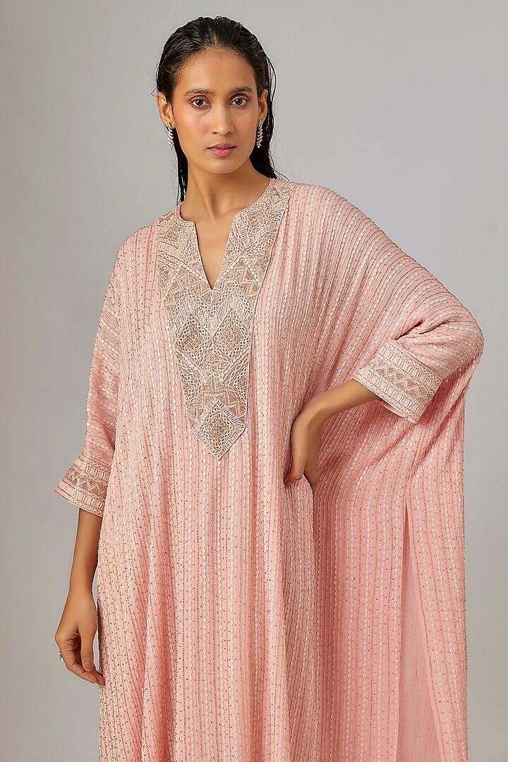 Rose Pink Crepe & Double Georgette Thread Embroidered Kaftan Set by Ritika Mirchandani at Pernia's Pop Up Shop
