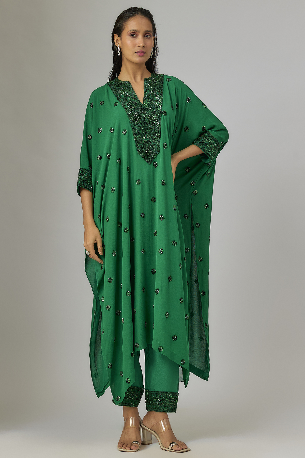 Emerald Green Crepe & Double Georgette Thread Embroidered Kaftan Set by Ritika Mirchandani at Pernia's Pop Up Shop